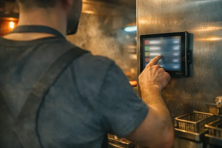 Restaurateur en tablier consultant les commandes sur une tablette fixée au mur de la cuisine