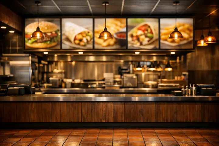 Intérieur moderne de restaurant rapide avec un long comptoir
