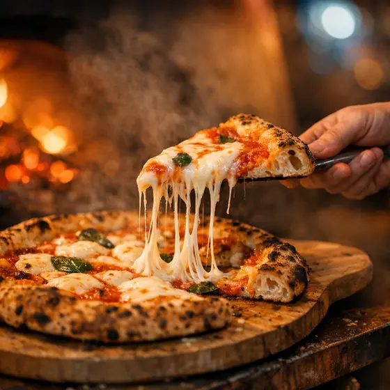 Part de pizza qui s'étire à la sortie du four à bois