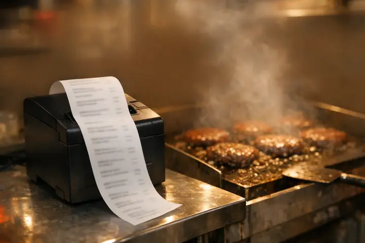 Imprimante à tickets en cuisine imprimant une commande à côté de la plancha